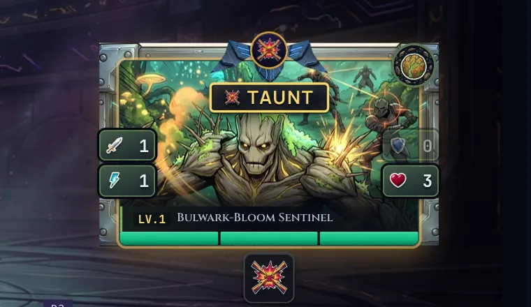 A taunting Fighter in the replay arena wearing the redesigned taunt marker: a steel riveted bastion frame around the card, a bastion emblem at the top, and a TAUNT label pill