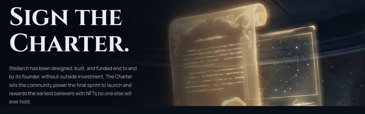 The Stellarch Charter landing page, a dark space-opera crowdfunding campaign to back the final sprint to launch