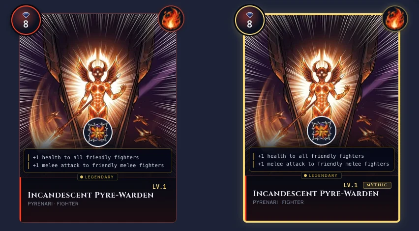 A standard Fighter card beside its gold version, the gold frame now rendering cleanly on all four edges