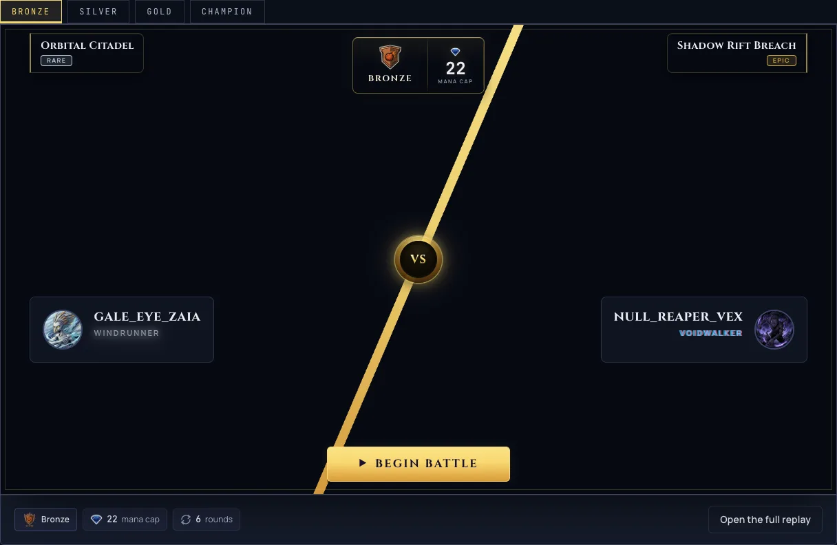 The landing page showcase featuring distinct champion battles across the league tabs