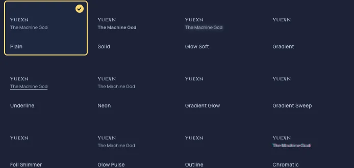 The title effect picker showing styles like Glow Soft, Gradient, Neon, Foil Shimmer, and Chromatic applied to a sample title