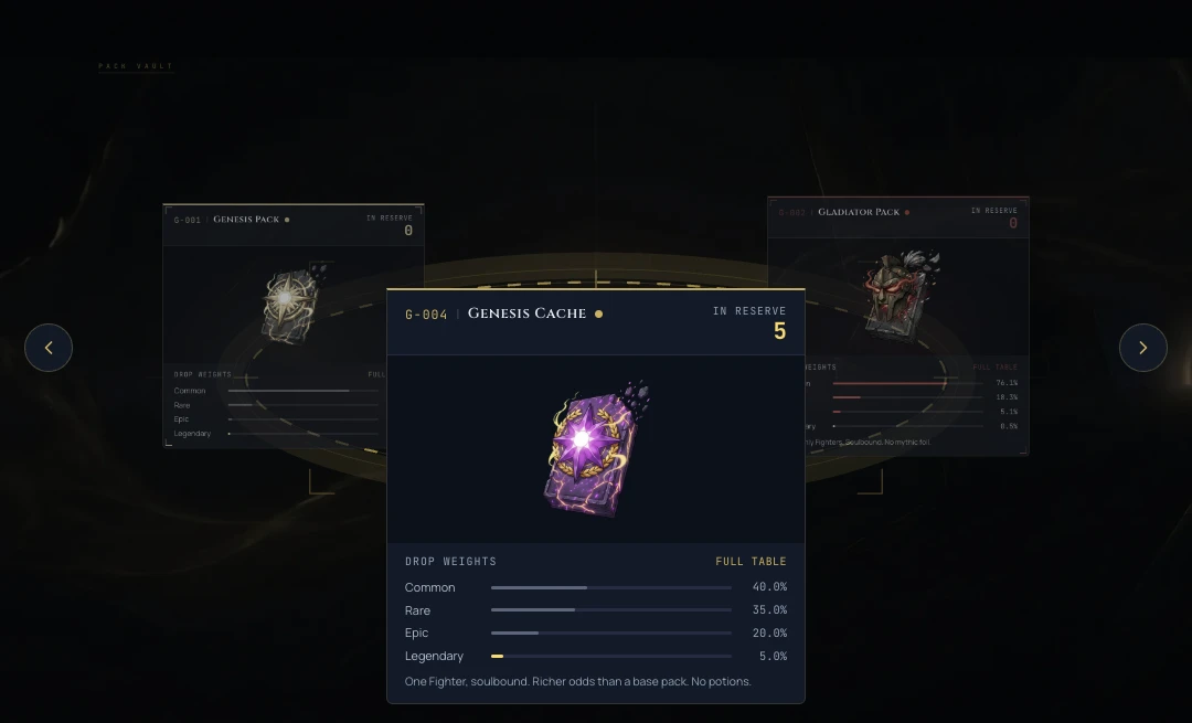 The Genesis Cache dossier on the packs screen, showing its soulbound art and drop odds