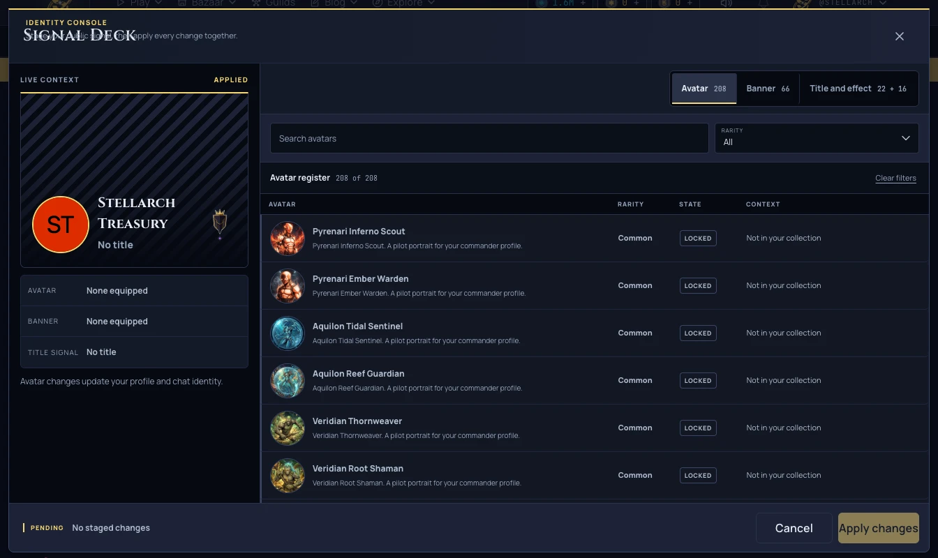 The Signal Deck cosmetics picker in avatar mode with the live preview