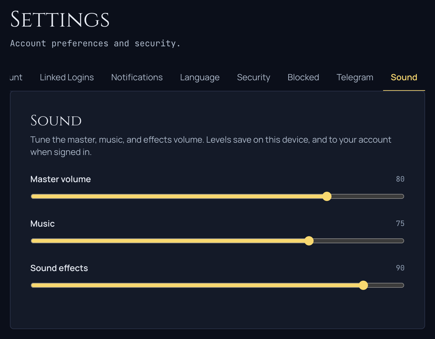 The sound settings panel with master, music, and effects volume sliders