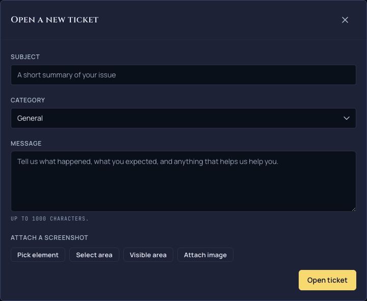 The create-ticket modal in the chat dock support tab