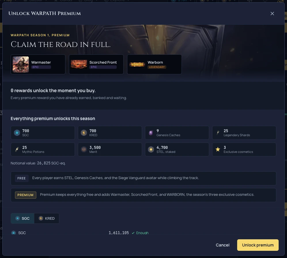 The premium GOLD ROAD unlock modal with SGC and KRED payment options