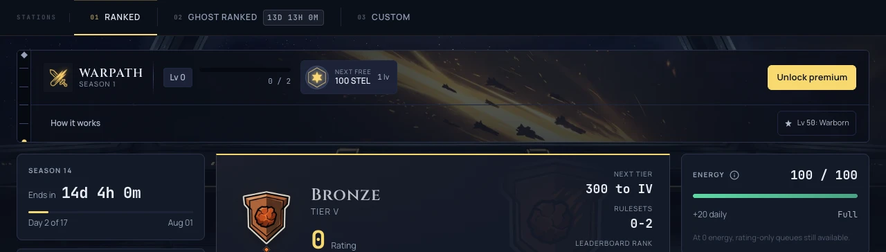The WARPATH battle pass strip on the play deck showing season progress and the segment bar