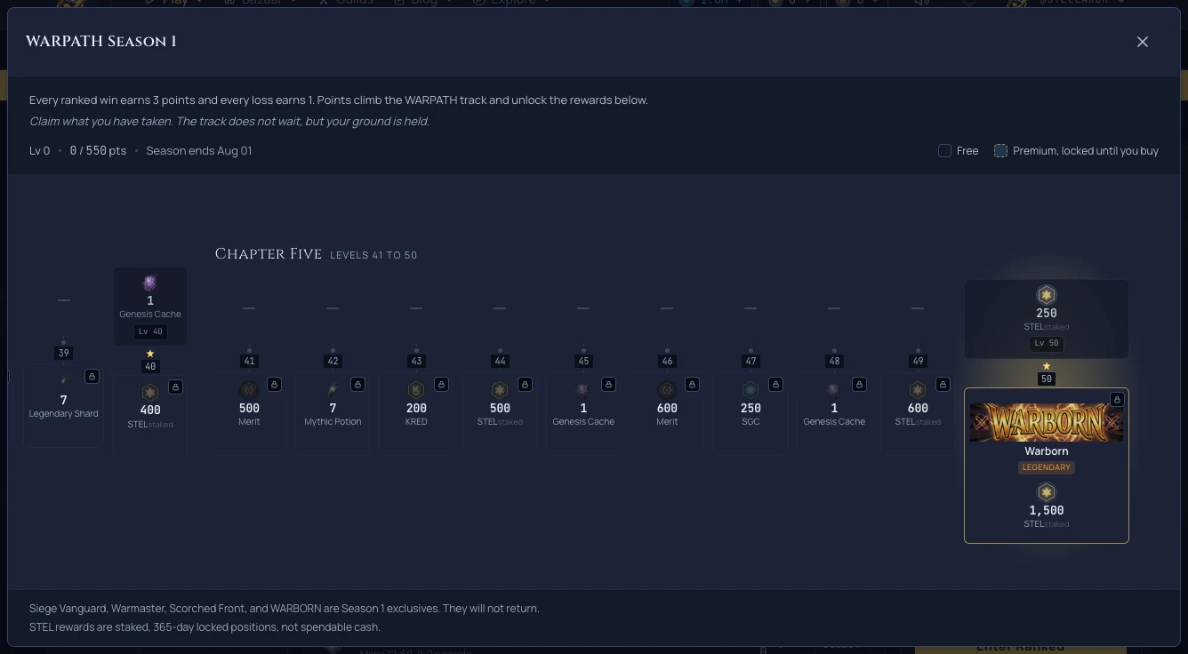 The GOLD ROAD fifty-level reward track with free and premium rows