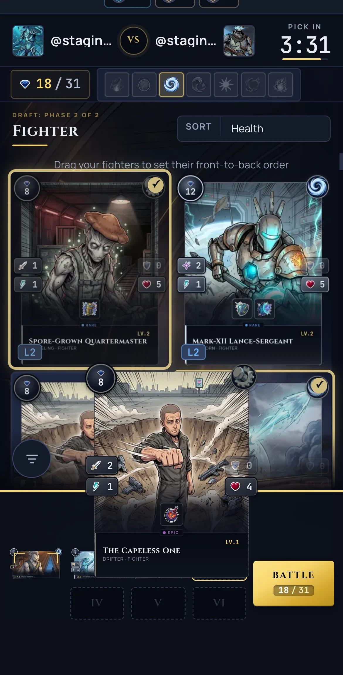 Drafting a team on a phone: the first tap lifts a Fighter into preview, the second drops it into the next open slot.