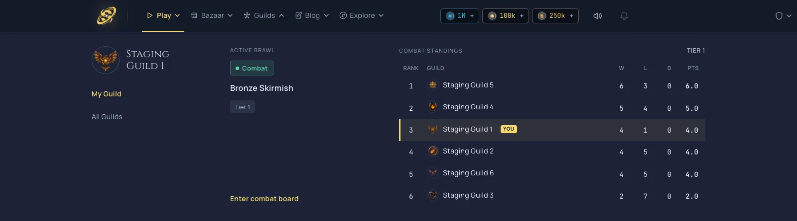The Guilds command bridge: a full-width nav panel with your guild, the active brawl, and live standings.