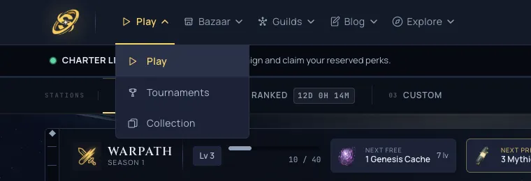 Tournaments now lives inside the Play menu, alongside Play and Collection.