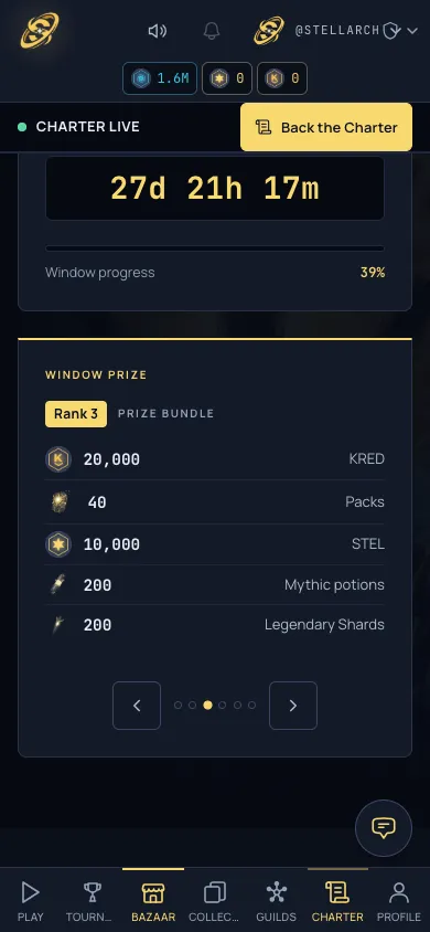 The window prize panel on mobile, with arrows and dots to page between prize tiers.
