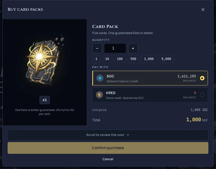 Buying packs: the confirm button stays inactive until you have reviewed the cost.