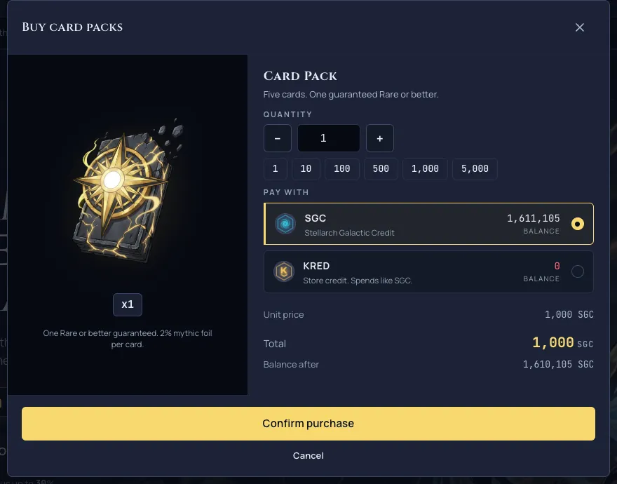 Once the full cost and your balance after are shown, the confirm button unlocks.