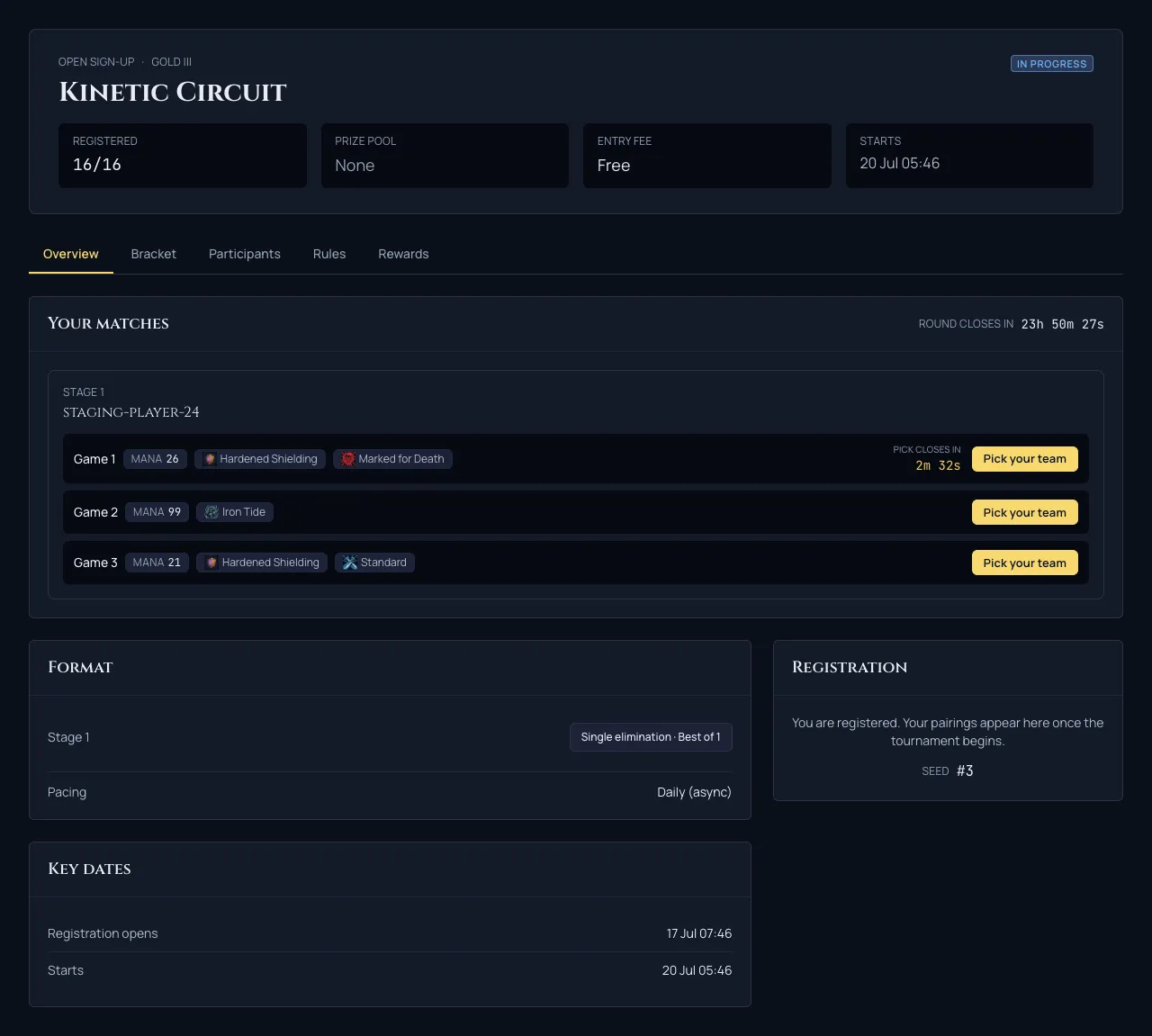 A tournament overview page showing your seed, your upcoming games and the tournament format