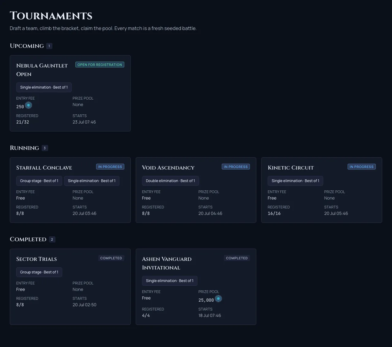 The tournaments list, grouped into upcoming, running and completed events
