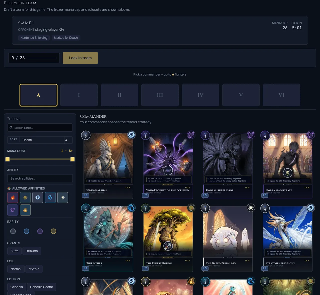 Drafting a team for a tournament game under its frozen mana cap and rulesets