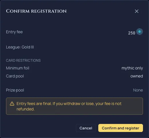 The registration confirmation, showing the entry fee and the no refund rule before you commit