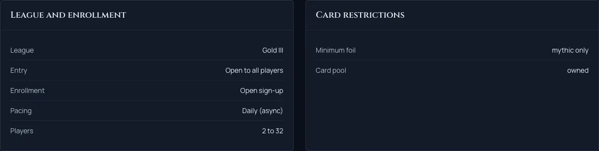 The tournament rules, including league, enrollment and card restrictions