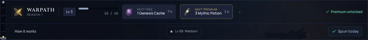 The WARPATH season strip on the Play screen, showing your level, progress to the next level, and the next free and premium rewards waiting for you.