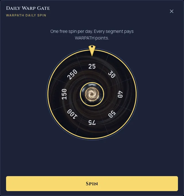The Daily Warp Gate, a free once-a-day spin whose every segment pays WARPATH points.