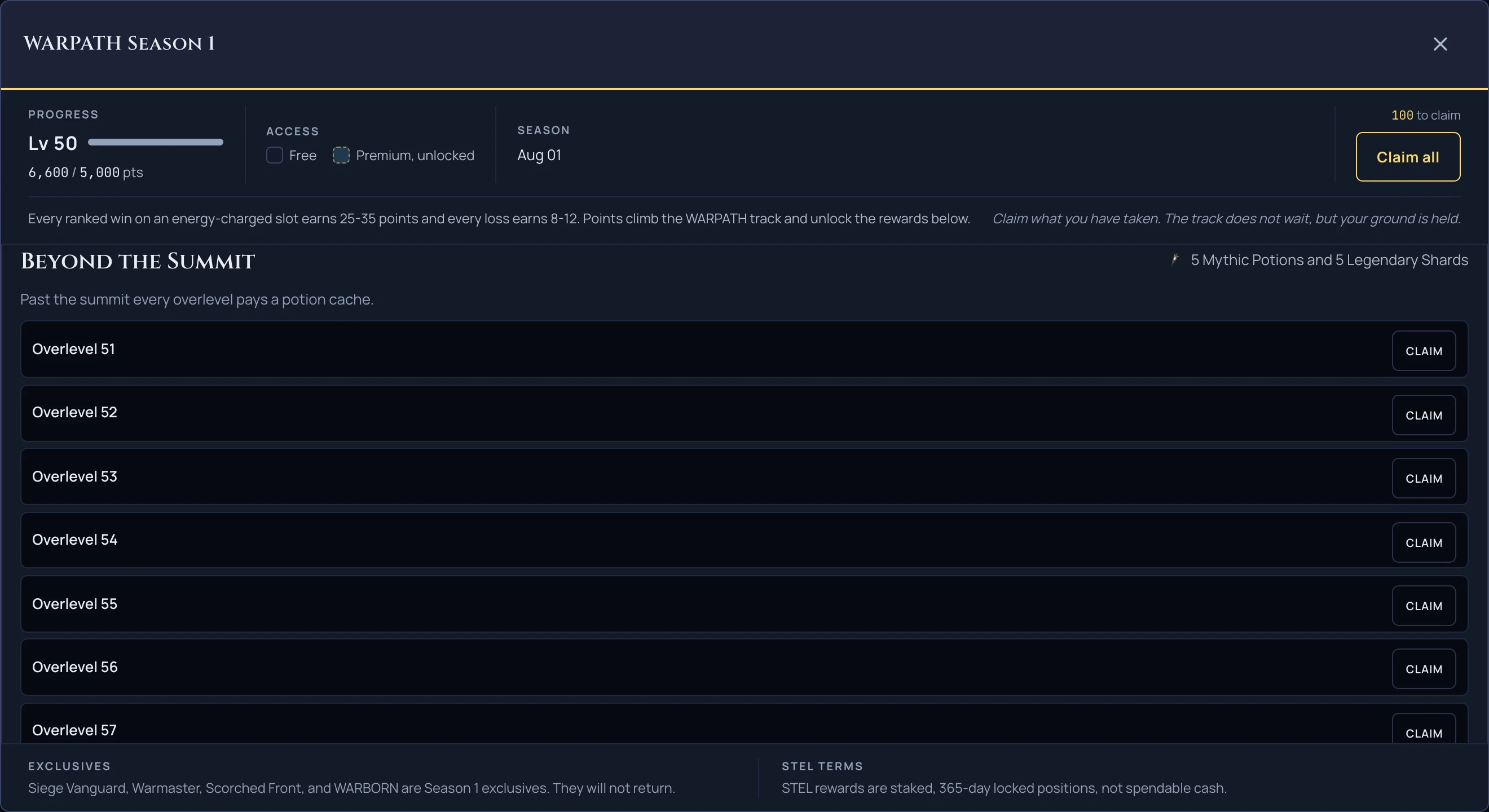 Past level 50, WARPATH keeps going: every overlevel beyond the summit pays out its own potion cache.