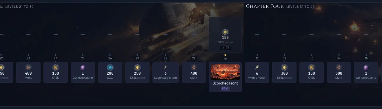 The middle of the WARPATH track, where each chapter carries its own painted backdrop and the Scorched Front cosmetic waits at level 30.