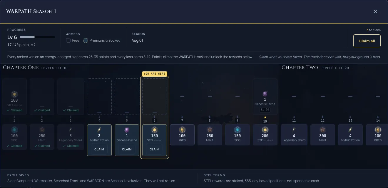 The WARPATH reward track opened to Chapter One, where reached levels with no free reward show a dash instead of a claim button while the premium row beneath them offers claimable rewards