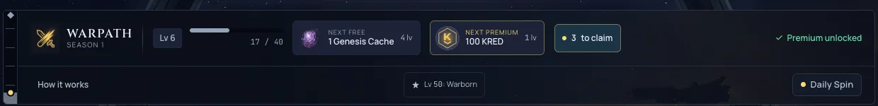 The WARPATH battle pass strip on the play screen, showing level six progress, the next free and next premium rewards, and three rewards ready to claim