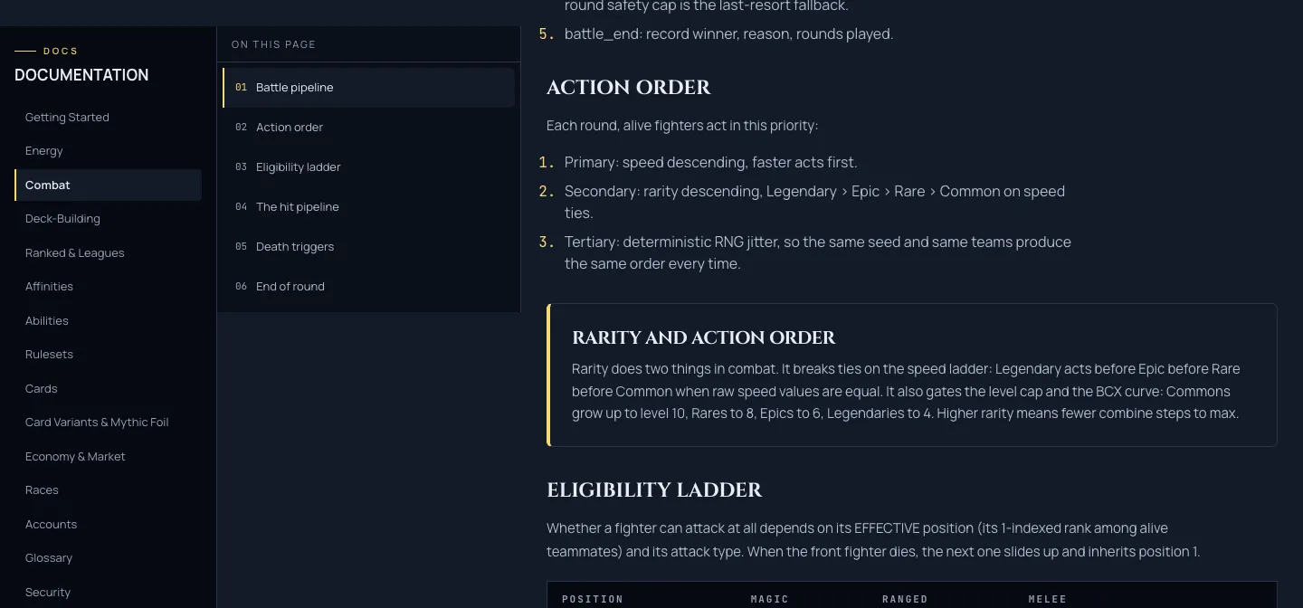 The Stellarch documentation workspace scrolled mid page, with the section rail and the on this page contents pinned to the left while the combat reference text flows past on the right