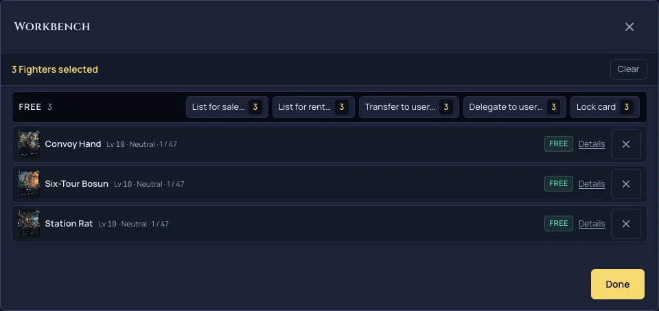 The Workbench panel showing eligible-only bulk actions for selected cards