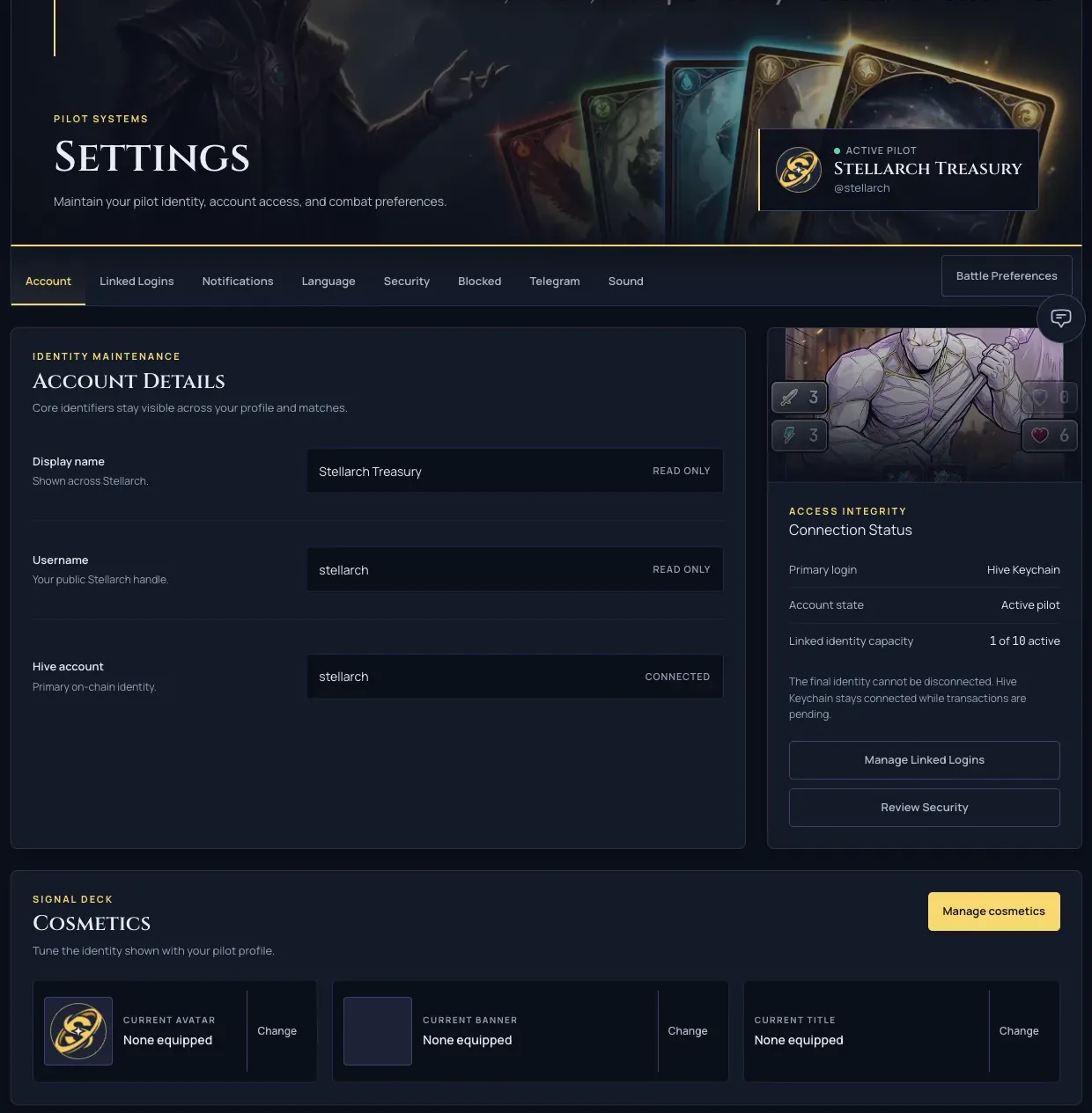 The redesigned Hangar Bay settings page with the wide shell and connection status