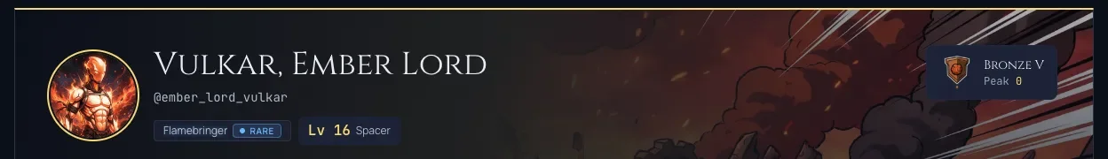 A profile hero showing the account level chip and the rank band earned alongside it.