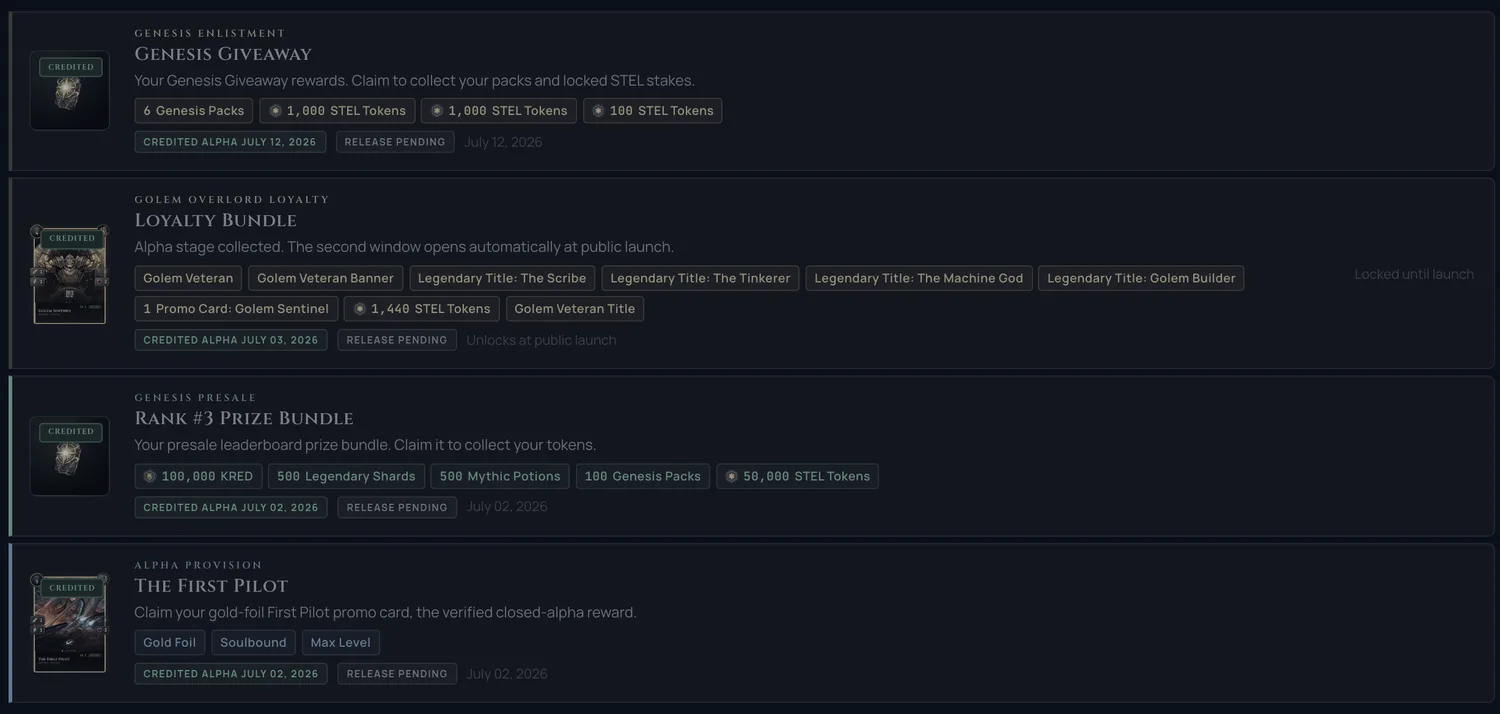 The Claim page listing your outstanding provisions, each with the packs, tokens, and cosmetics it will pay out.