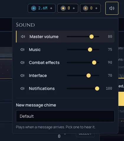 The nav sound menu as a compact mixer: master volume plus separate music, combat, interface, and notification levels.