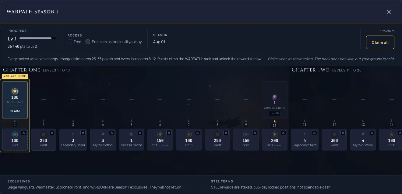 The WARPATH track panel shows every level's free and premium reward, where you stand, and what is ready to claim.