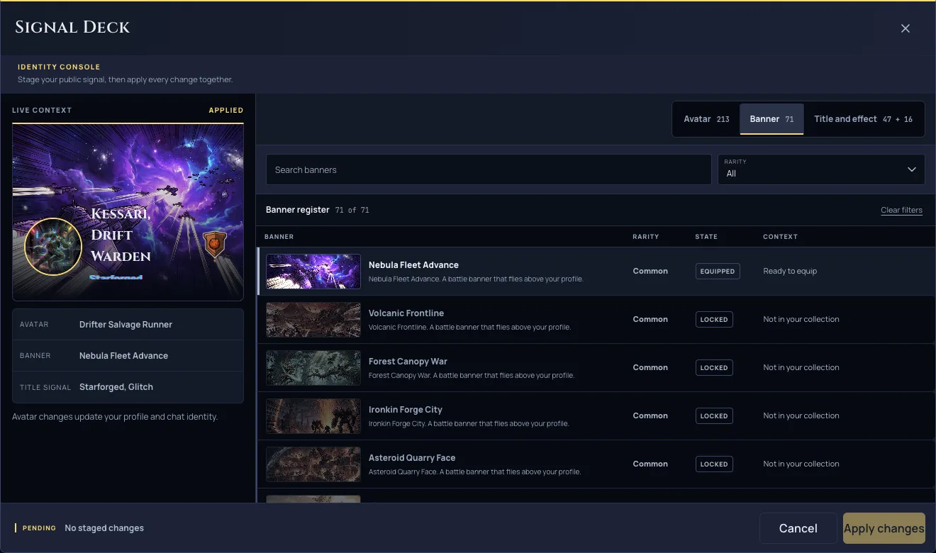 The Signal Deck cosmetics picker, with the banner you own listed first and the ones you have not unlocked greyed out below.