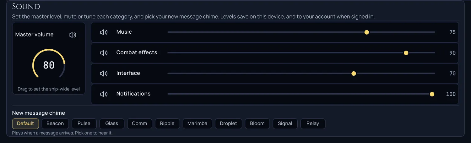 The SOUND DECK on the sound settings page, with the master dial on the left, four channel faders on the right, and the message chime strip along the bottom.