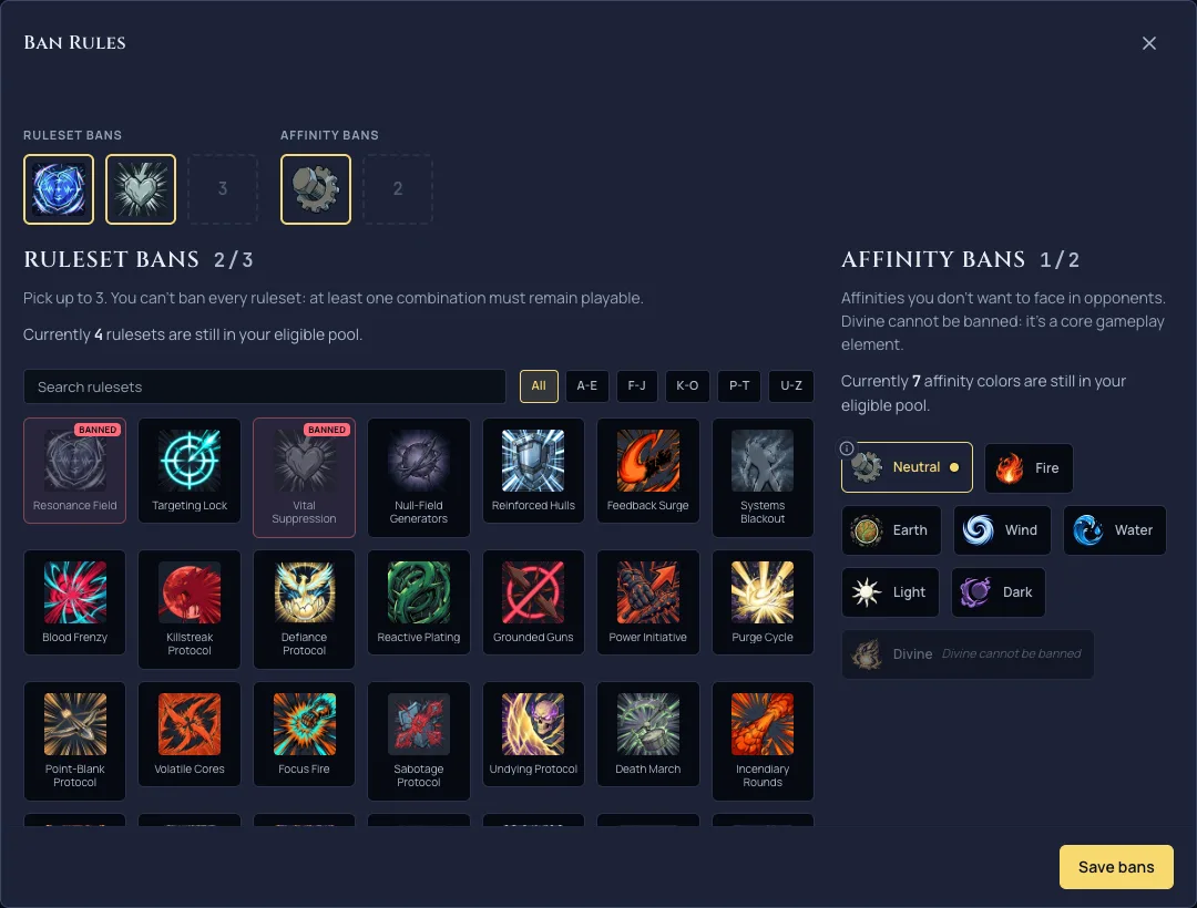The rebuilt BAN LOADOUT screen: a pinned tray of ruleset and affinity ban slots above a searchable, alphabetically banded catalog.