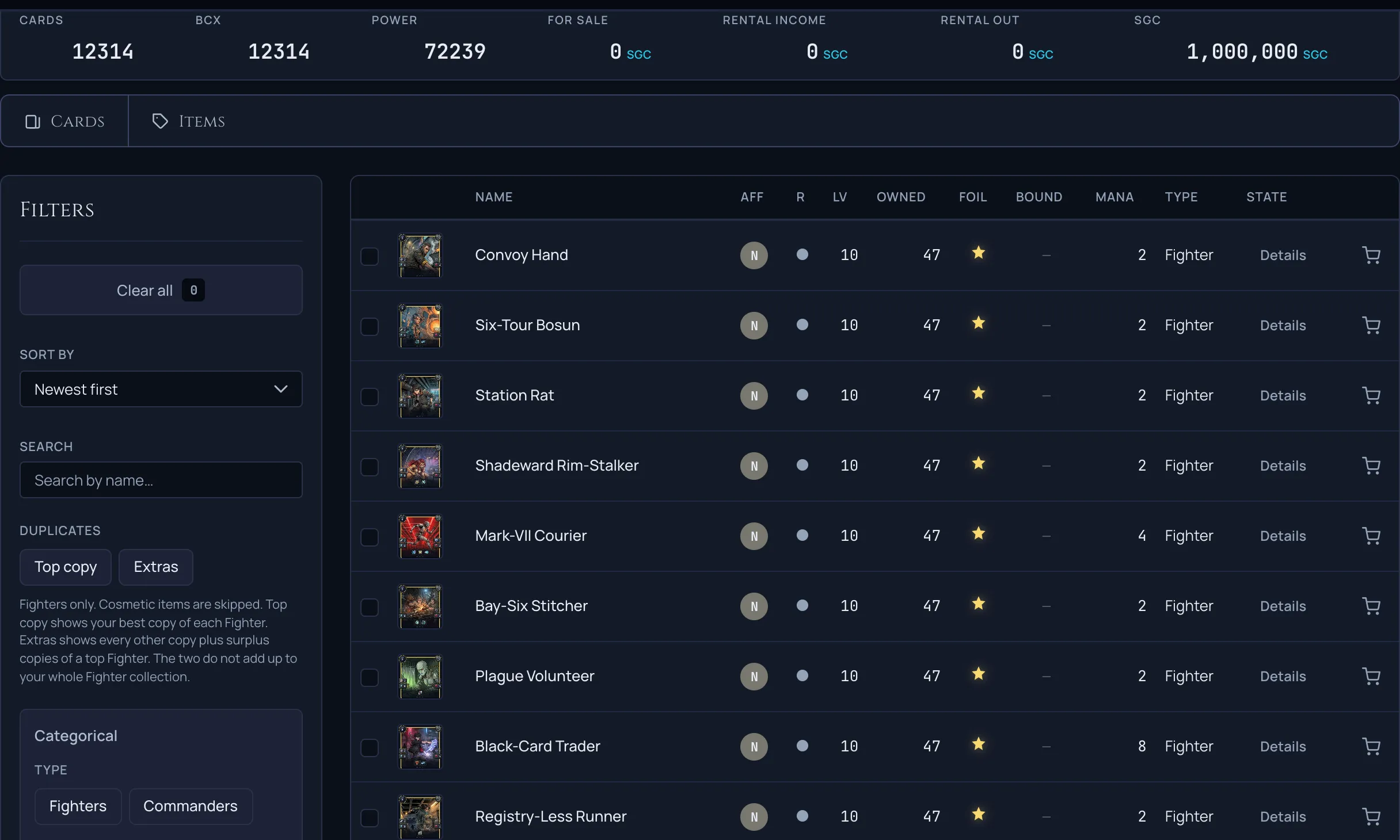 The collection summary and filter rail, where the card and BCX counts cover Fighters only and cosmetic items sit under their own tab.