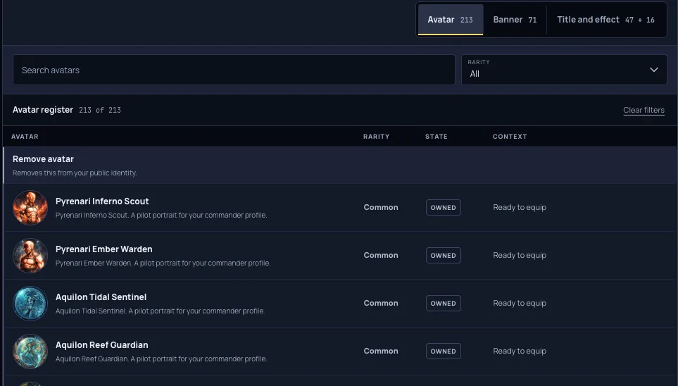 The Signal Deck cosmetics picker, with a Remove row at the top of the slot's list so you can take a cosmetic off without needing a replacement.