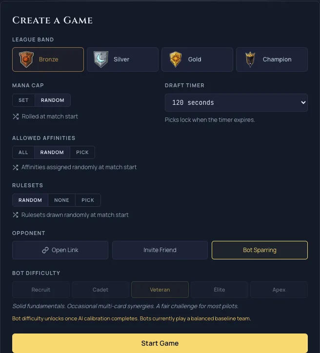 The custom game creation panel with the ruleset selector on Random, drawing rulesets at match start.