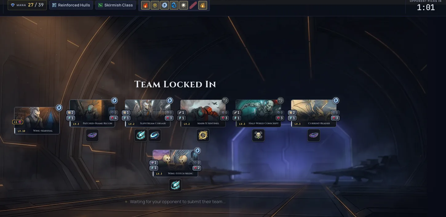 The post-submit waiting screen counting down how long the opponent has left to pick, with the locked team and its fighter levels below.