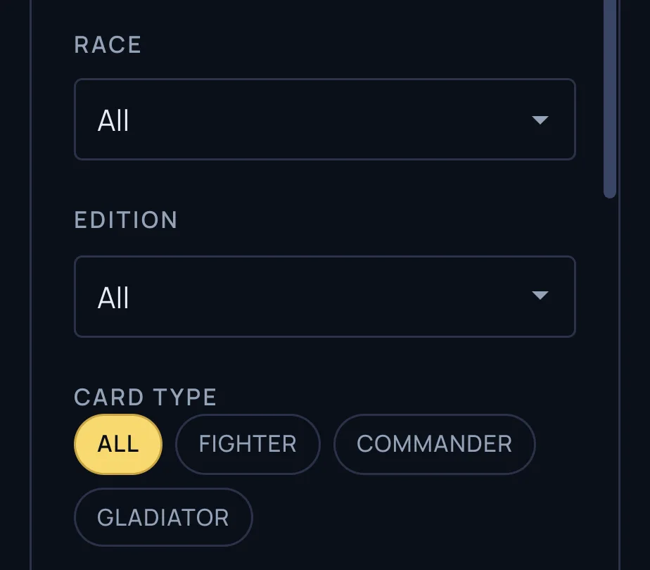 The card catalog filter rail with a slim dark scrollbar matching the interface instead of the browser default.