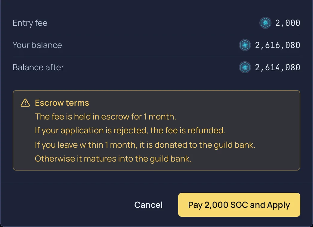 The guild application confirmation showing the entry fee, your balance, your balance after, and the escrow terms before you commit.