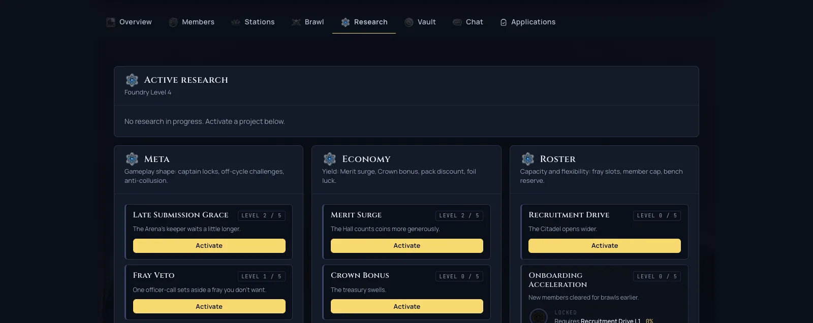 A guild you belong to showing the full member tab row: overview, members, stations, brawl, research, vault, chat and applications.