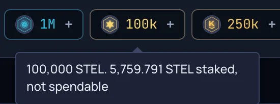 The header STEL chip tooltip showing the total balance alongside how much of it is staked.