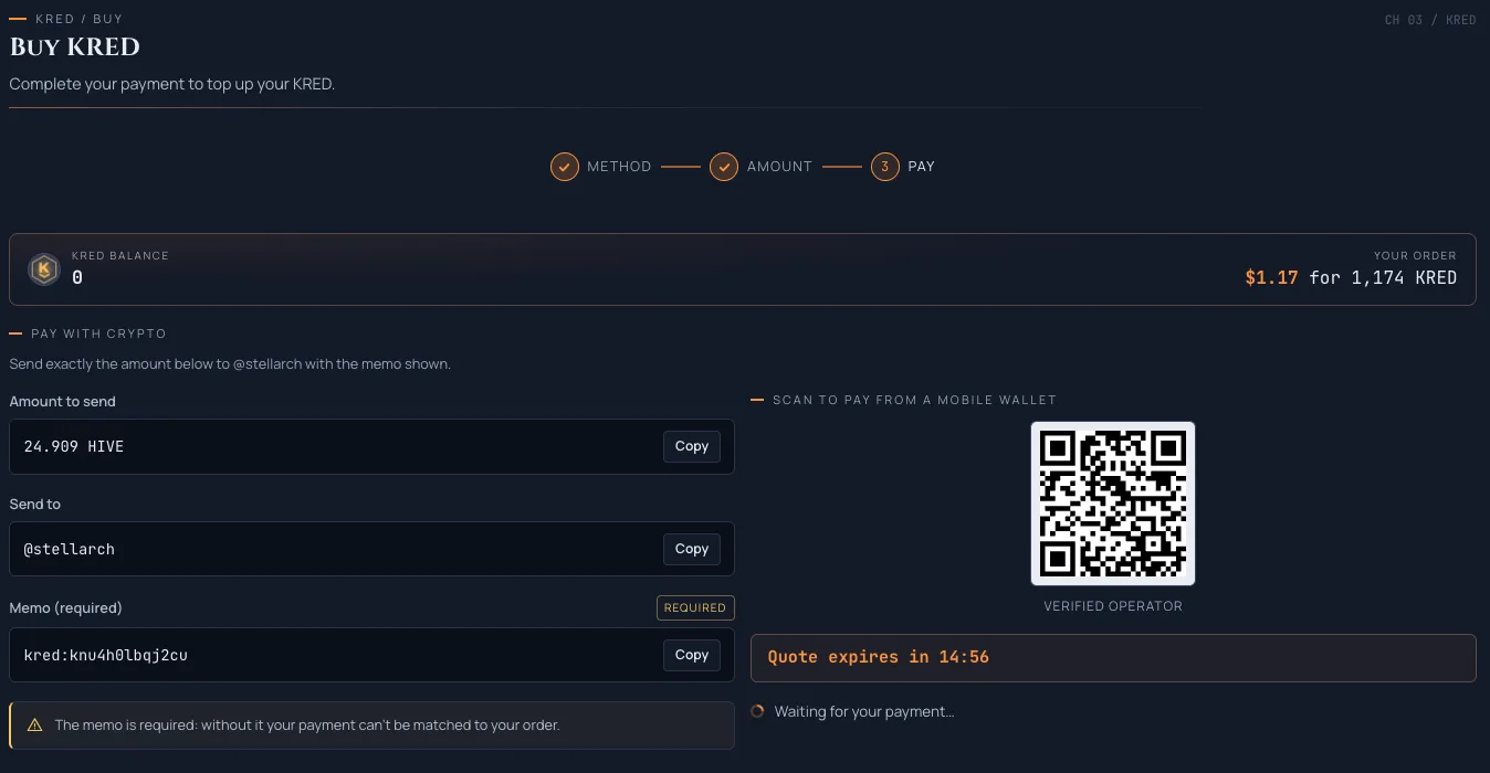 Buying KRED with HIVE: a live quote, the exact amount to send, the operator account, the required payment memo with one-tap copy, and a QR code for paying from a mobile wallet.