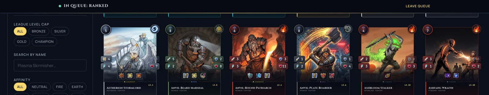 A slim bar following you across the site while you are searching for a ranked match, with a Leave Queue control.