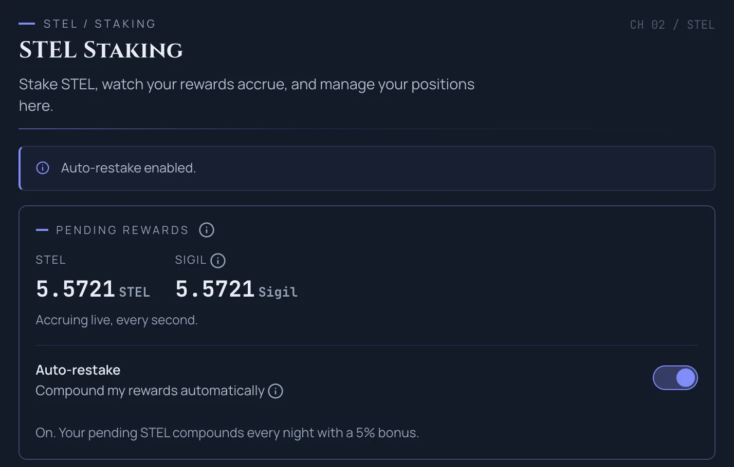 The staking panel with auto-restake on, explaining that pending STEL compounds nightly with a bonus.